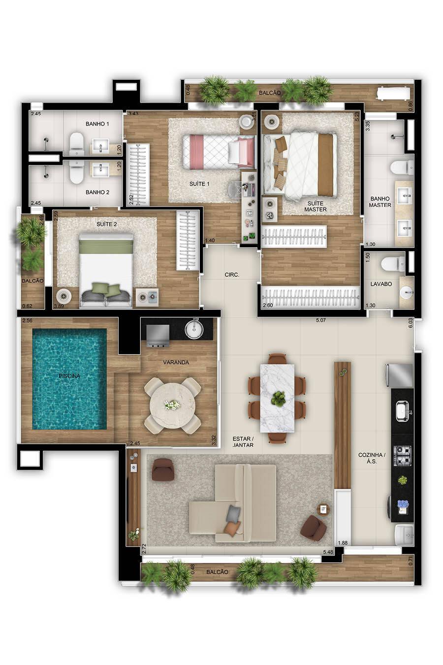Planta 07 - 3 dorm 128 25m²