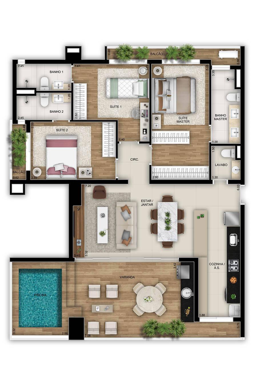 Planta 08 - 3 dorm 129 25m²