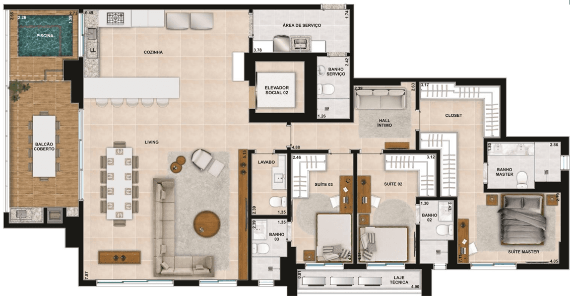 Planta 04 - 3 dorm 215m²