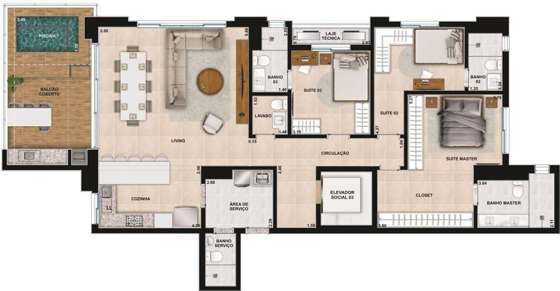 Planta 06 - 3 dorm 172m²