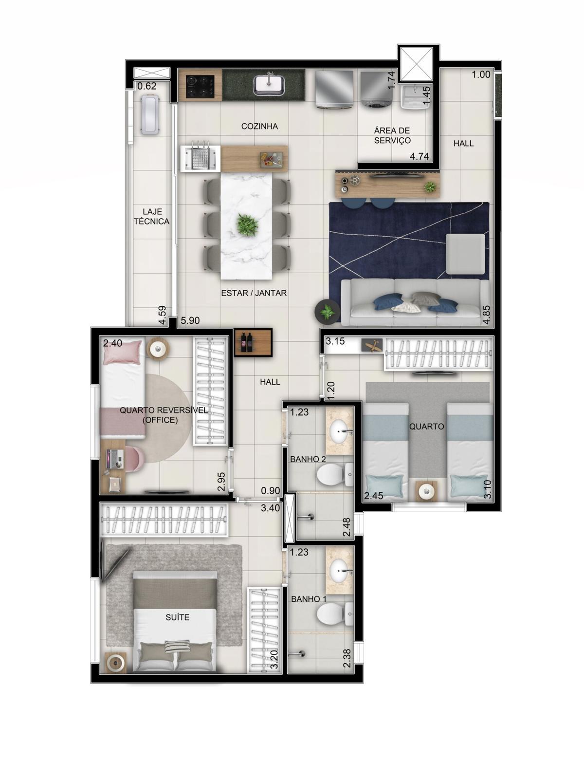 Planta 03 - 76m² 3 dorm