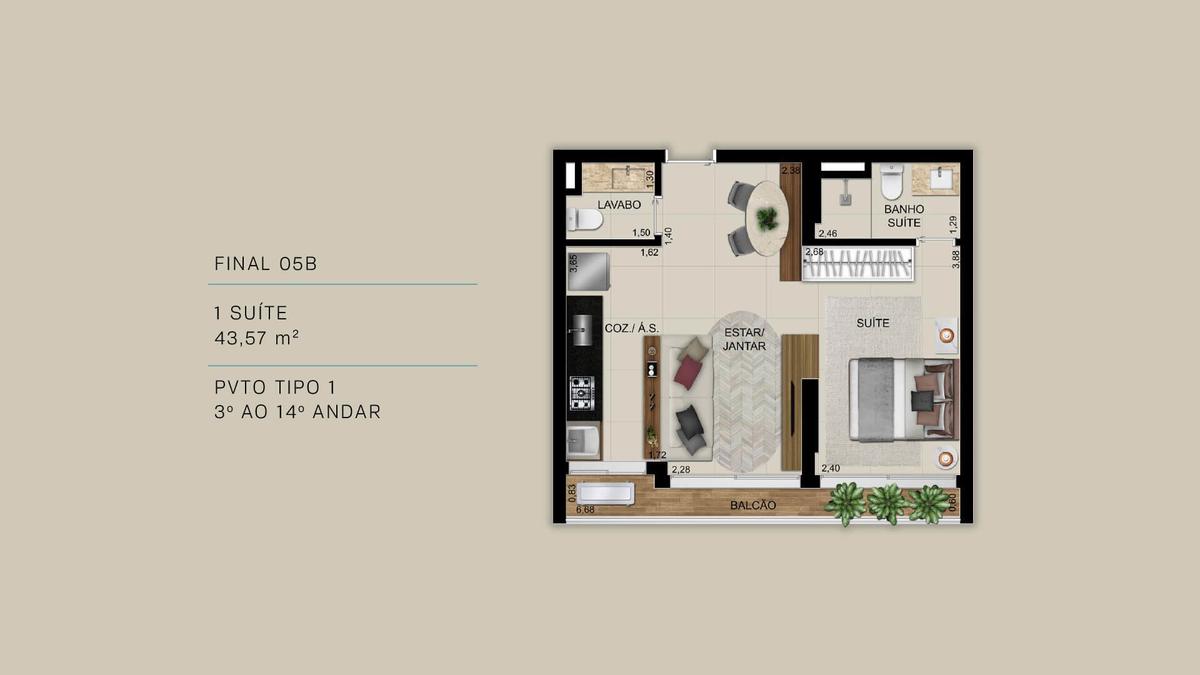 Planta 02 - 1 dorm 43 57m²