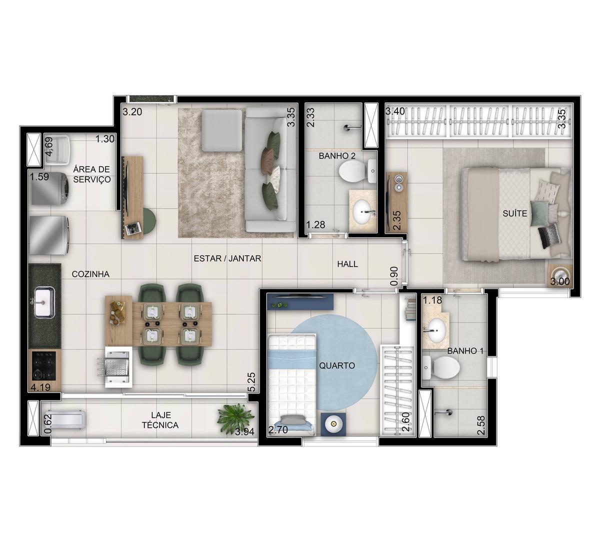 Planta 01 - 2 dorm 60m²