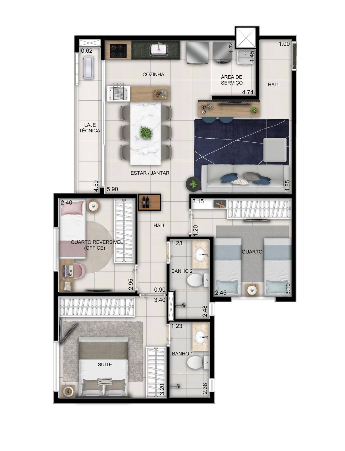 Planta 03 - 3 dorm 78m²