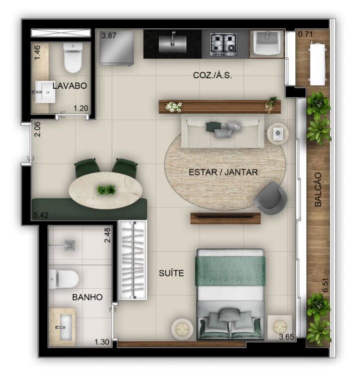 Planta 01 - 1 dorm 42 52m² - studio