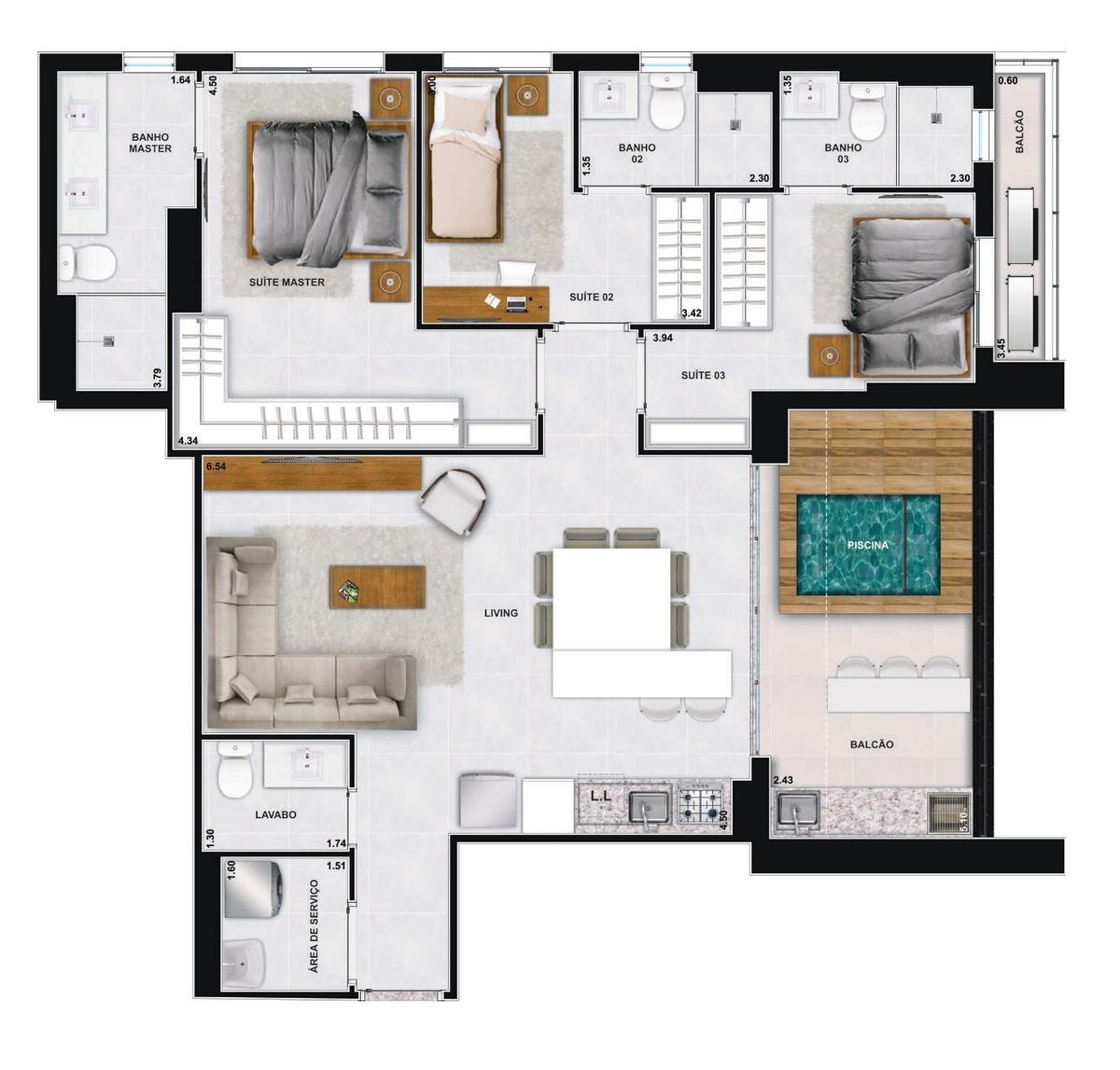 Planta 10 - 3 dorm 107 14m²