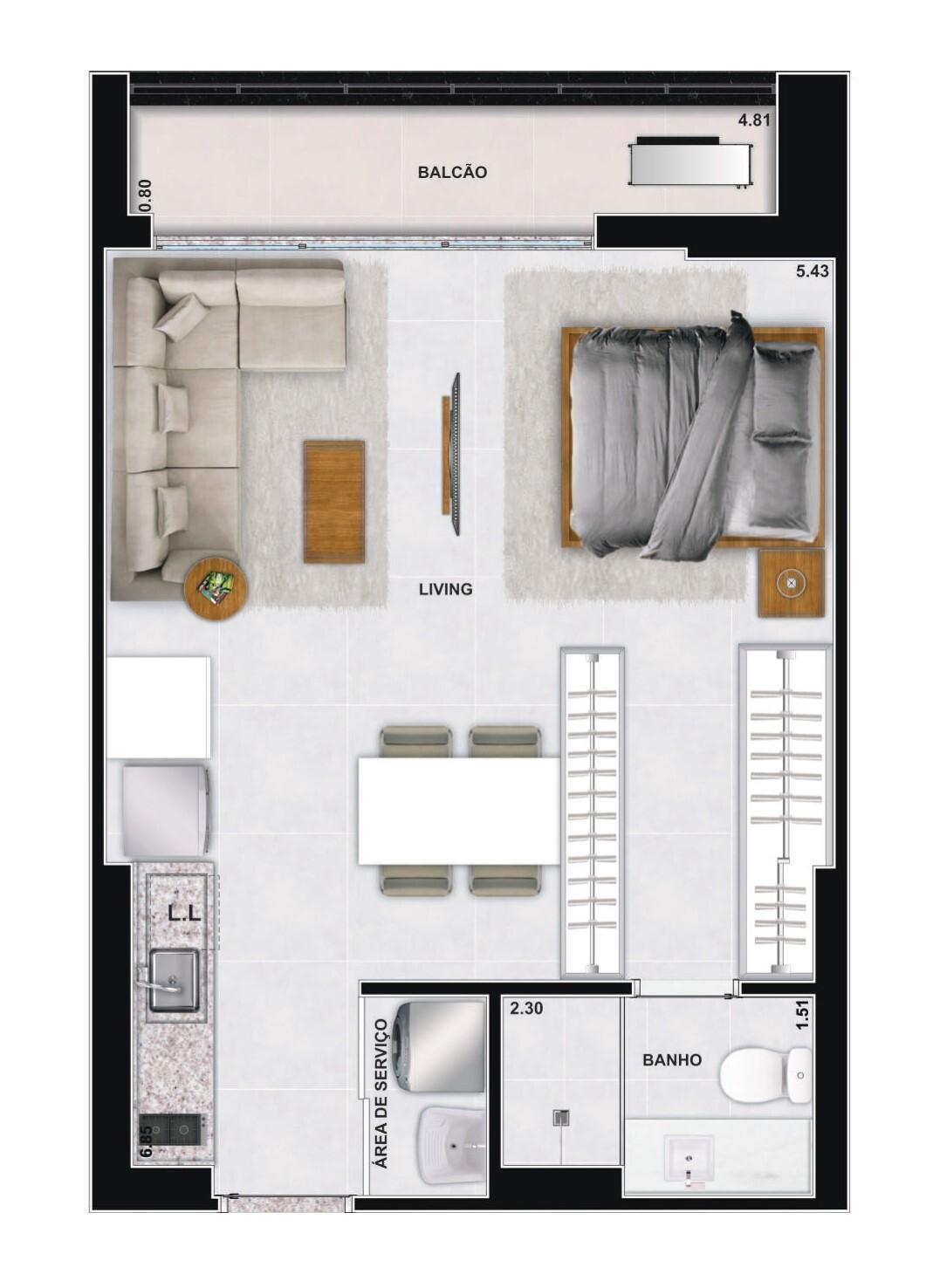 Planta 01 - 1 dorm 47 21m² - studio
