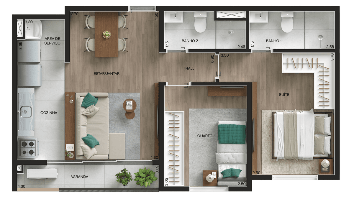 Planta 03 - 2 dorm 53,41m²