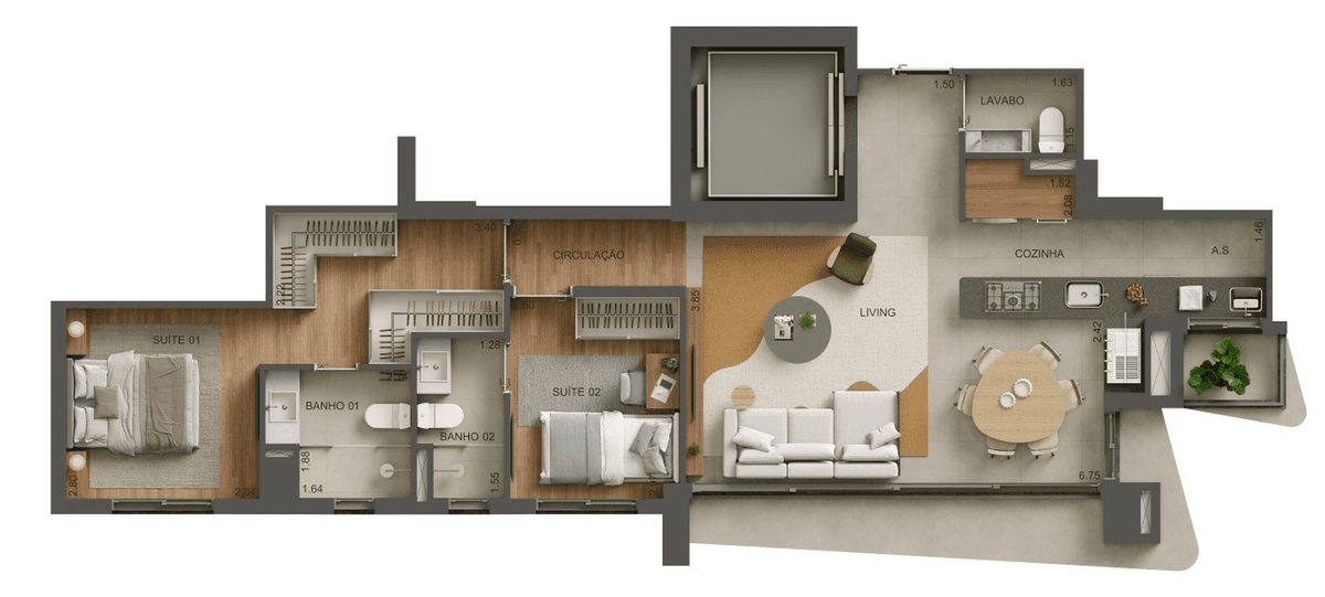 Planta 01 - 2 dorm 78m²