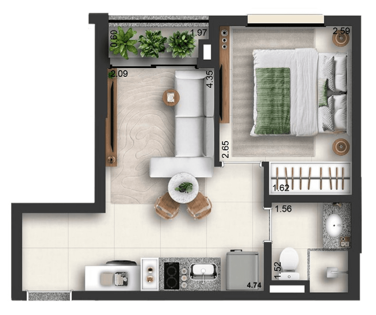 Planta 02 - 1 dorm 32m²