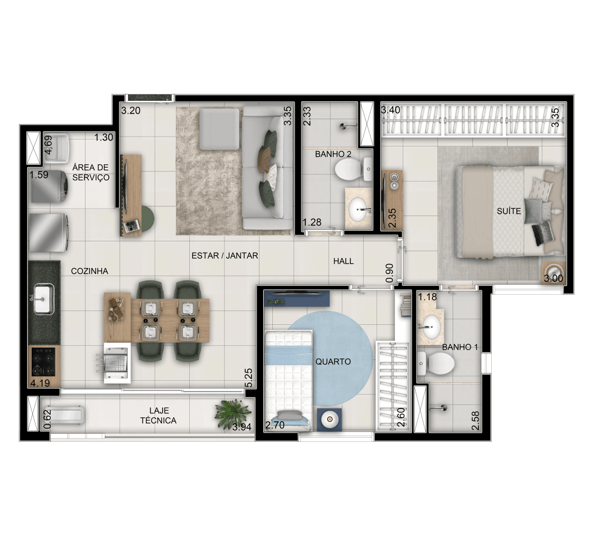 Planta 01 - 59m² 2 dorm